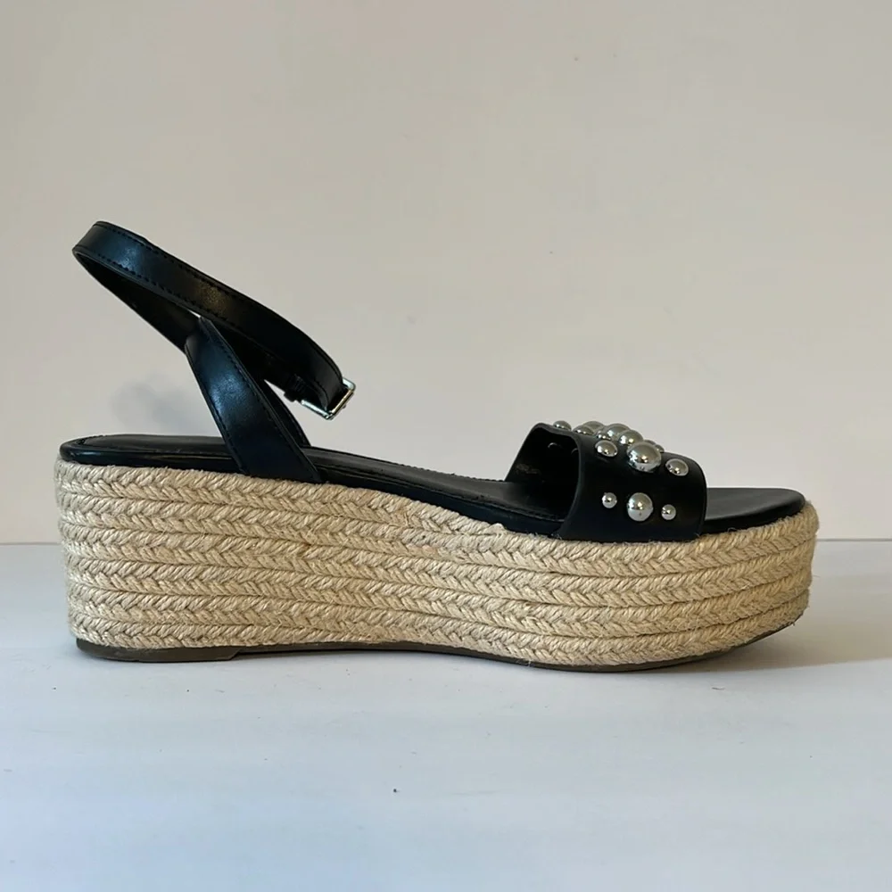 Marc Fisher Black Leather Ankle Strap Studded Wedge Sandals Sz‎ 7
